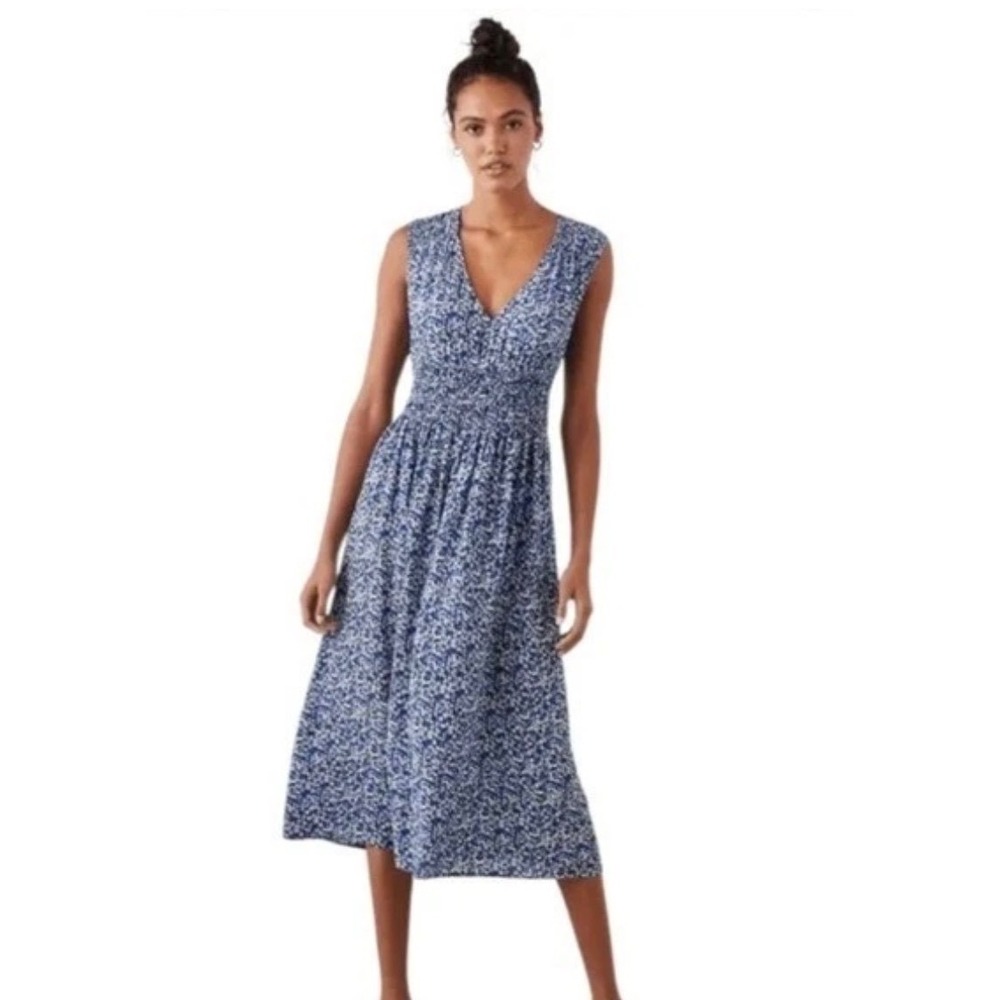 Rails Izzy Ice Chrysanthemum Blue Floral Smocked Waist Midi Dress Large 927-125C